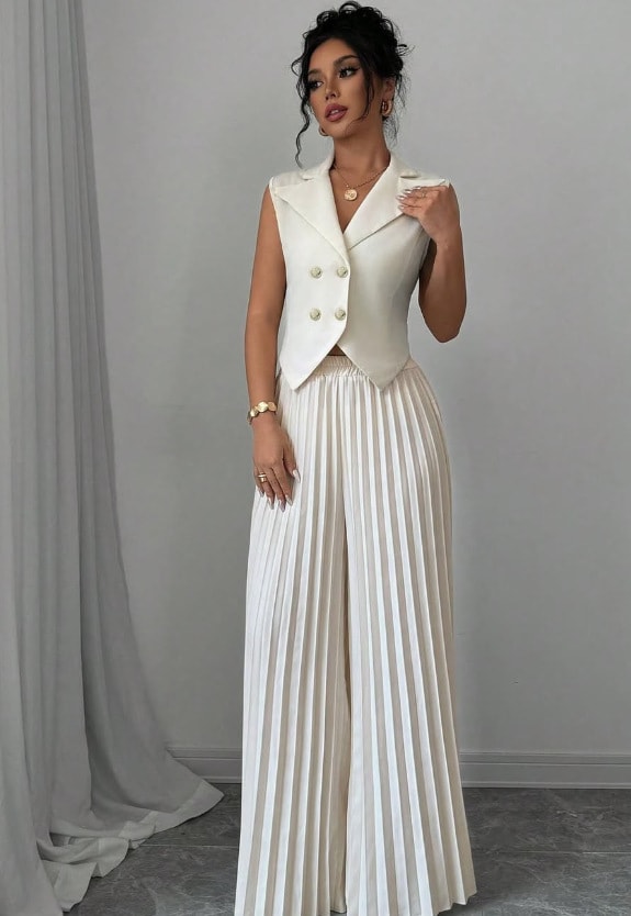Summer Sleeveless Suit Fashion Lapel Button Vest Top And Pleated Straight Pants Women's Trousers Set Clothing view 13