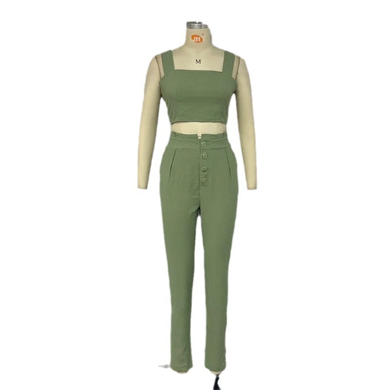 Solid Color Short Crop-top Spaghetti-strap Top High Waist Trousers Two-piece Set view 5
