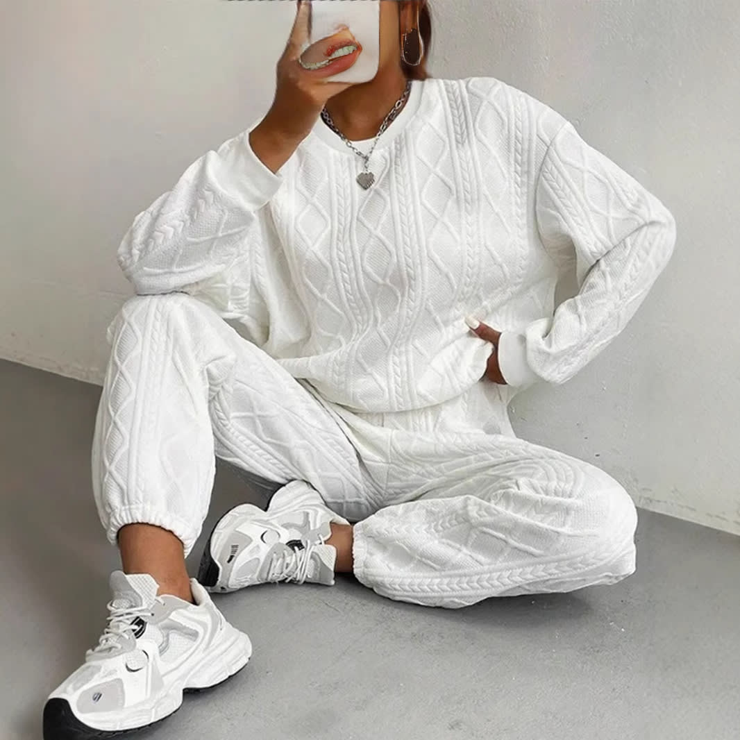 Jacquard Long Sleeve Casual Round Neck Sweater Trousers Suit view 7