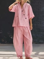 Summer Short-sleeved Suits Loose-fit V-neck Top And High-waist Trousers Women's Two-piece Set view 5