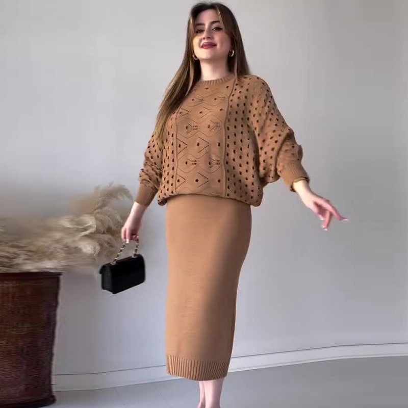 Autumn New Solid Color Hollow Round Neck Top Casual Knitted Skirt Suit view 1