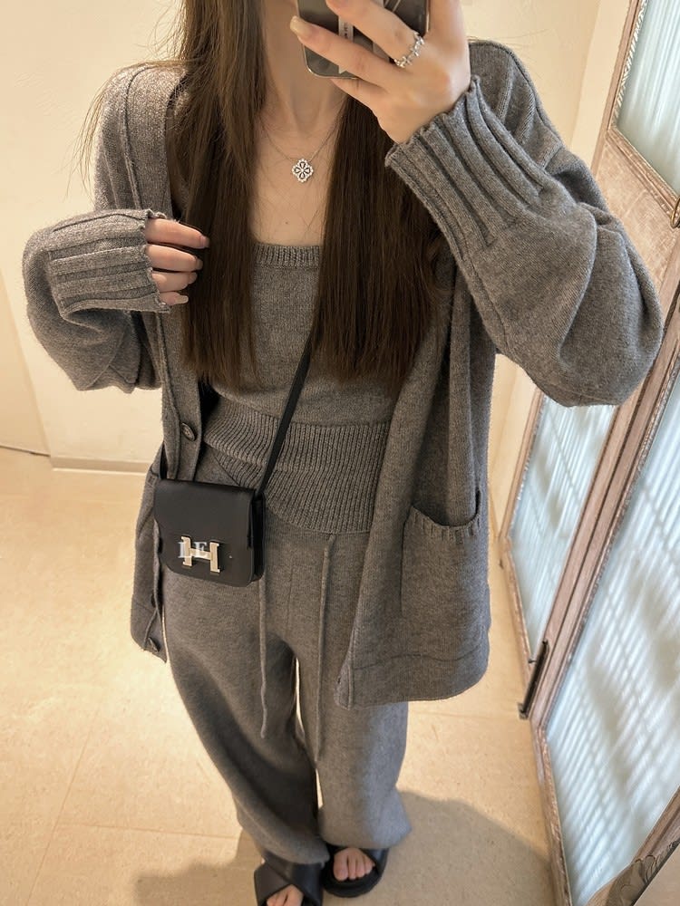 Knit Women's Cardigan Suspender Casual Pants Three-piece Set