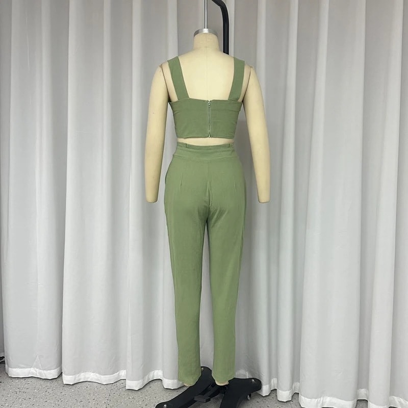 Solid Color Short Crop-top Spaghetti-strap Top High Waist Trousers Two-piece Set view 6