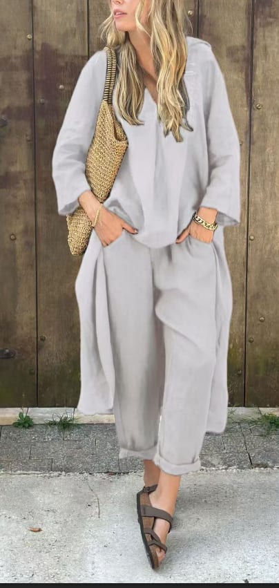 2pcs Long-sleeved Suits Loose V-neck Long Top And High Waist Wide Leg Pants With Pockets Women's Clothing view 10