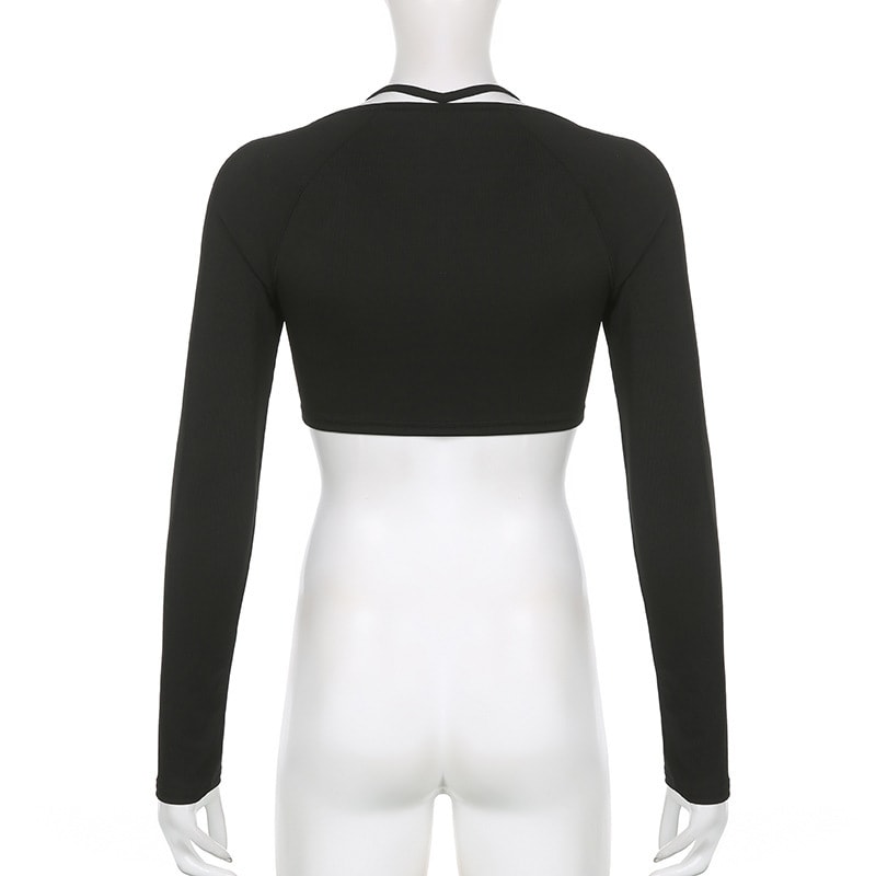 Solid Color Knitted Letter Body-hugging Suit Round Neck Long Sleeve Short Top High Waist Skinny Leggings Two-piece Set view 15