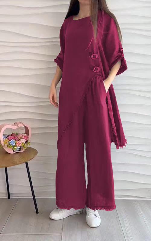 Loose And Irregular Half Sleeve Mid-length Top Loose-fitting Wide-leg Trousers view 9
