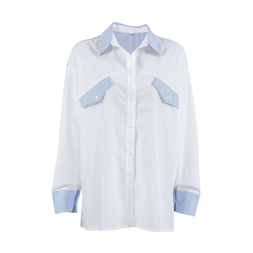 Blue And White Striped Stitching Shirt For Women Loose Outfit view 3