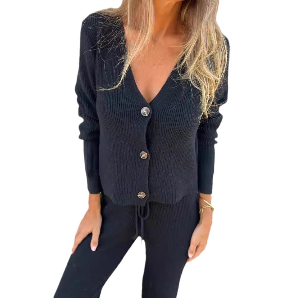 Long Sleeve Breasted V-neck Knitted Cardigan Tether Trousers Sweater Suit view 5