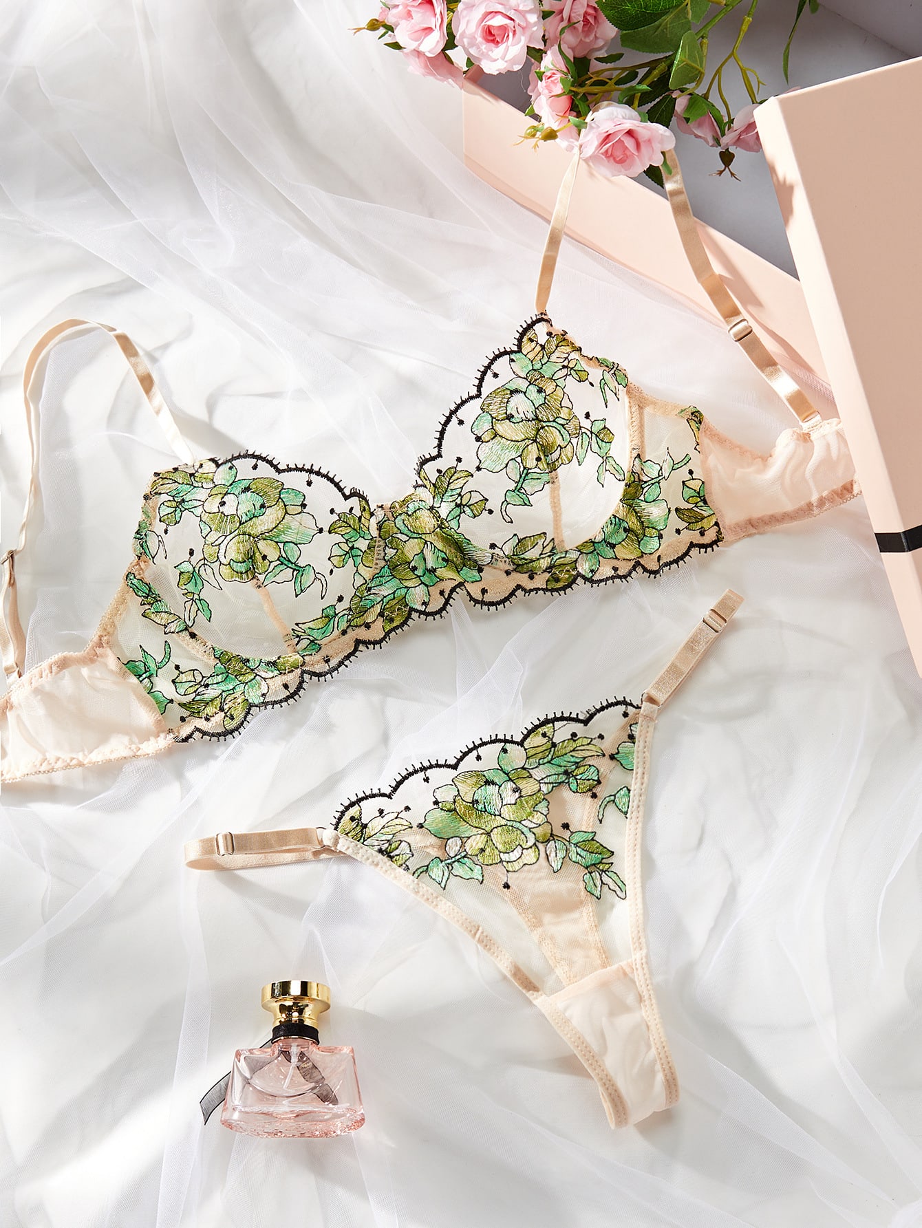 Women's Mesh Multi-color Embroidery Transparent Underwear Suit view 2