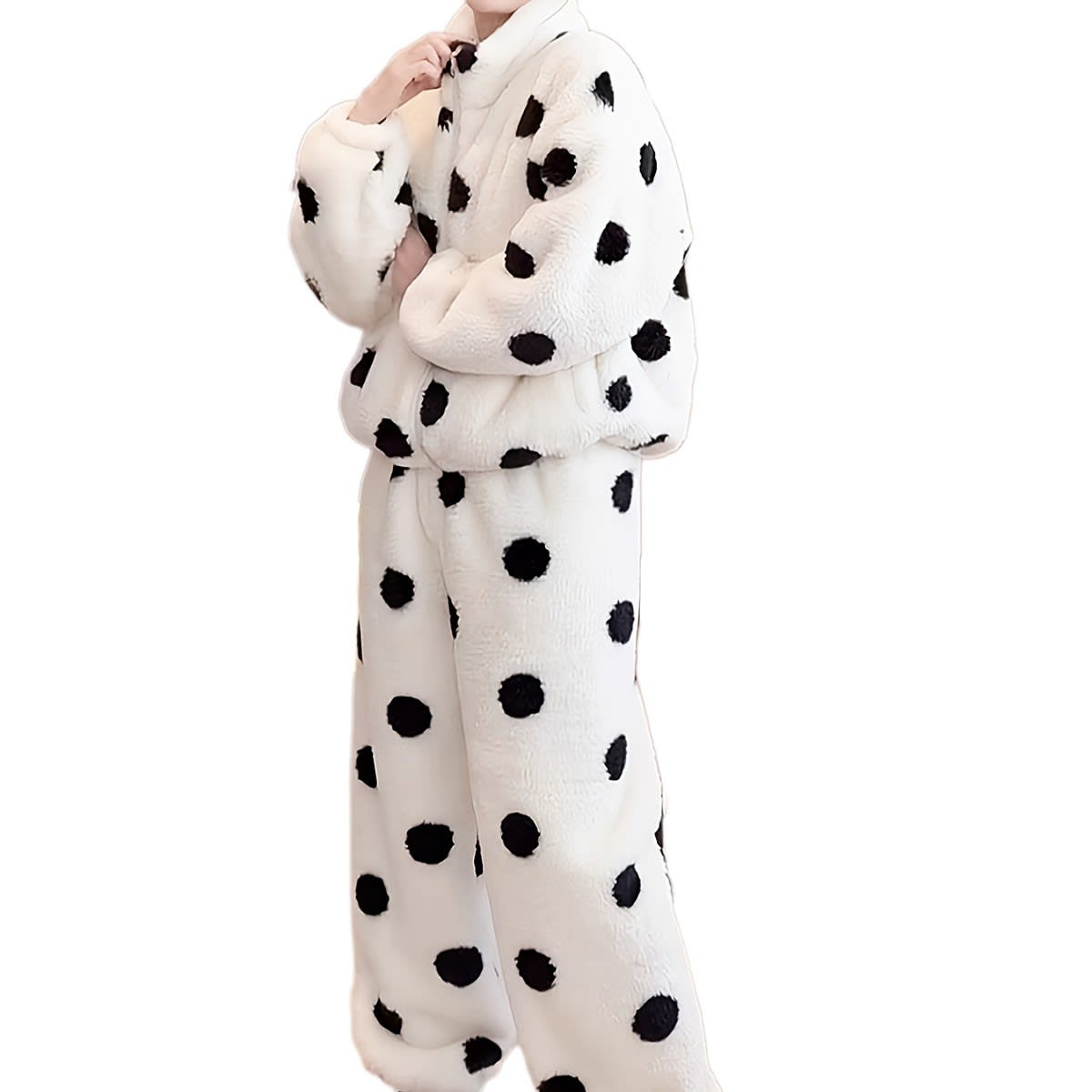 Cute Casual Pajamas For Women Winter Fleece-lined Thickened Polka Dot Turtleneck Drawstring Suit view 5