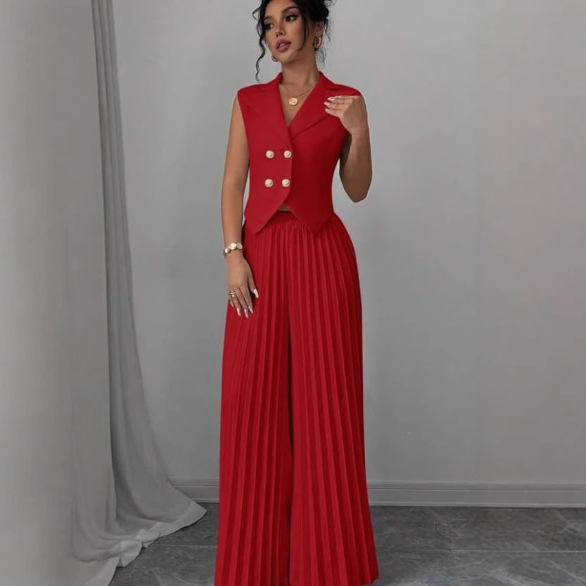 Summer Sleeveless Suit Fashion Lapel Button Vest Top And Pleated Straight Pants Women's Trousers Set Clothing view 11