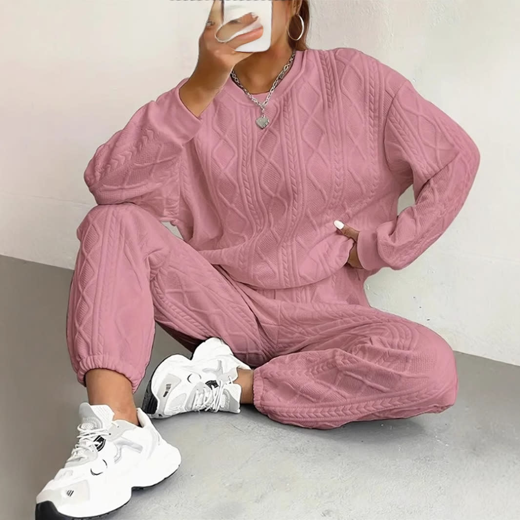 Jacquard Long Sleeve Casual Round Neck Sweater Trousers Suit view 9