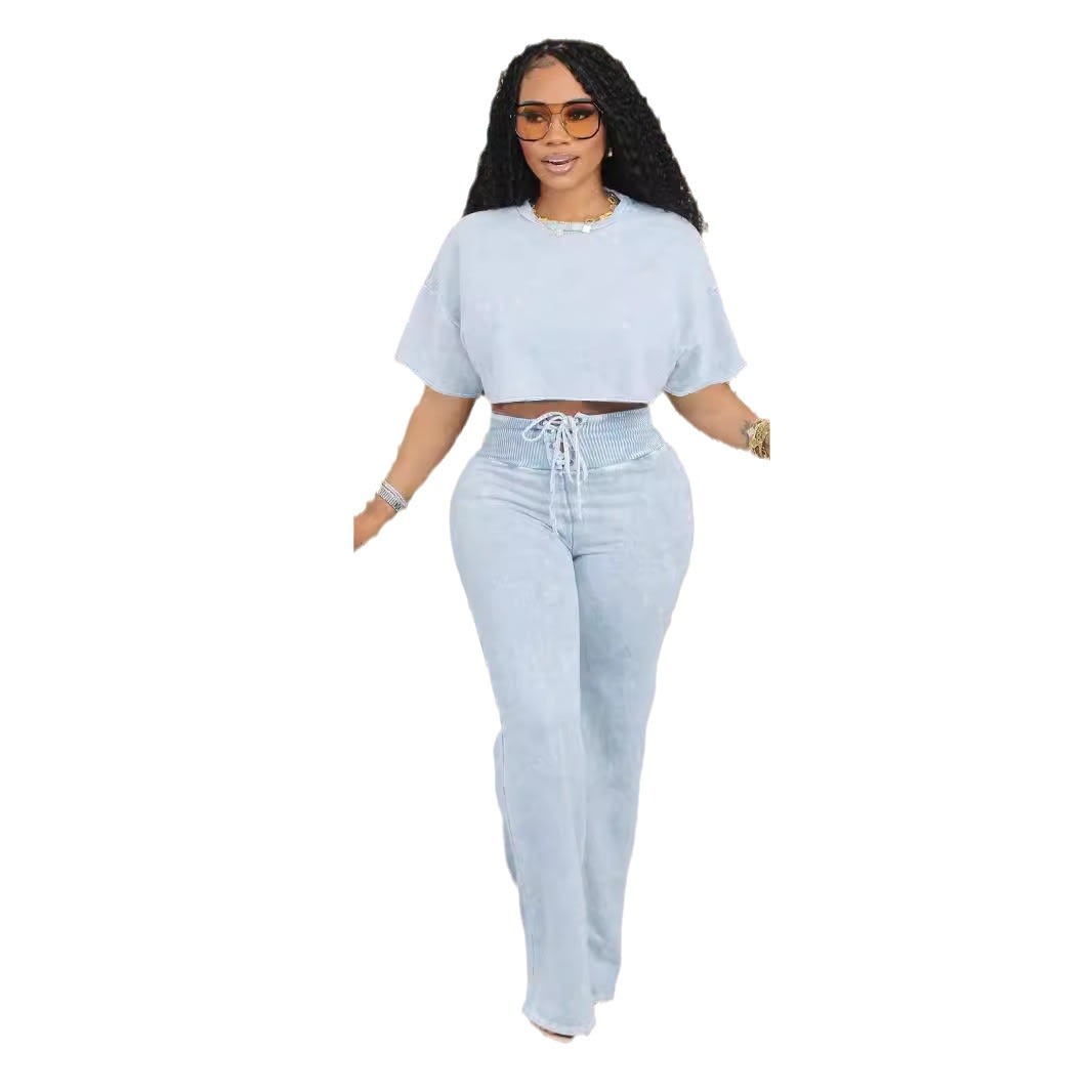 European And American Leisure Commuter Daily Tie-dyed Short Women's Round Neck Top Lace-up Two-piece Pants view 6