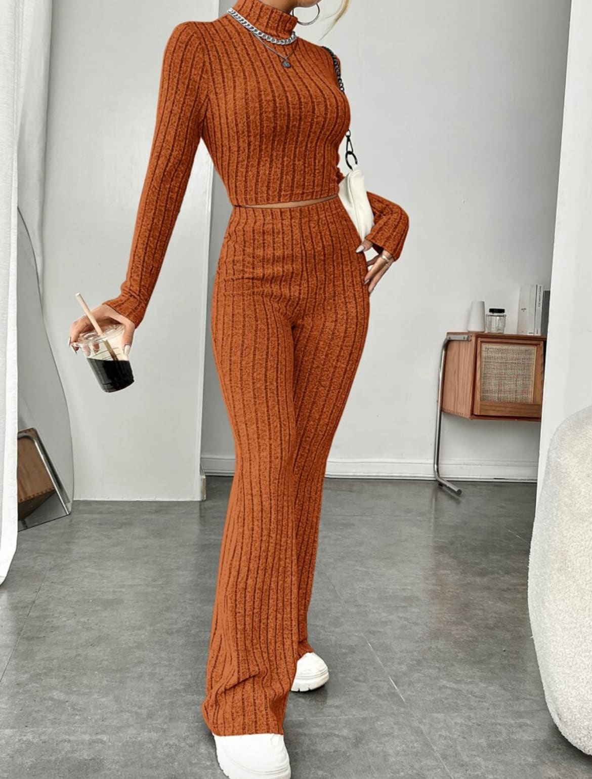 Long Sleeve Turtlenecks Wide Leg High Waist Trousers Suit view 18