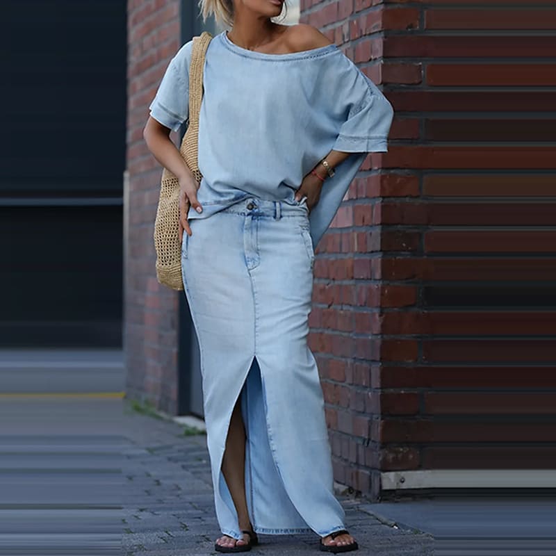 Two-piece Skirt Suits Fashion Loose Bat-sleeved Short Sleeve Top And Slim Fit Slit Maxi Skirt Patchwork Chic Outfit Women's Clothing view 3