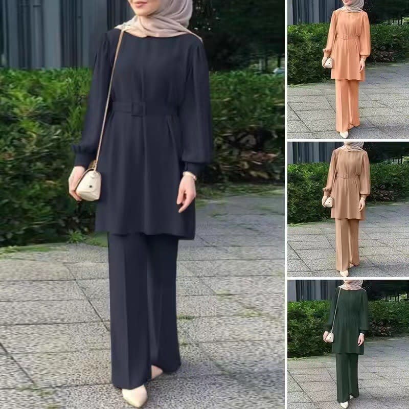 Middle East Muslim Round Neck Long Sleeve Belt Elastic Waist Top And Trousers Suit view 5