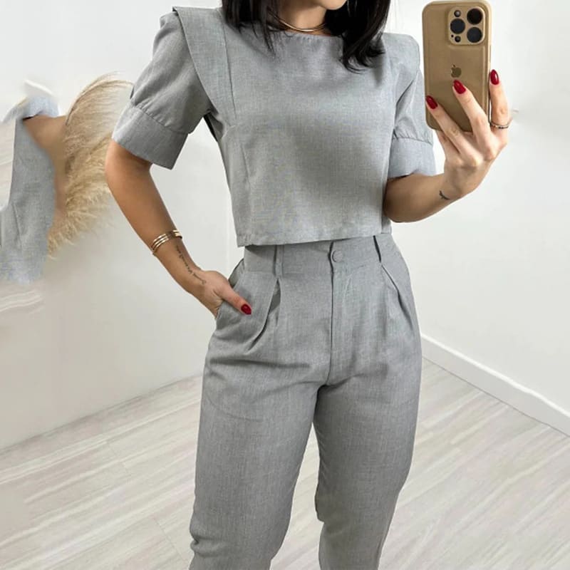 Short Sleeve Top And Trousers Casual Solid Color Two-piece Set view 5