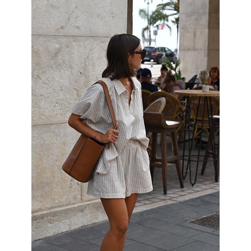 Fashion Casual Loose Striped Shirt Shorts Suit view 5