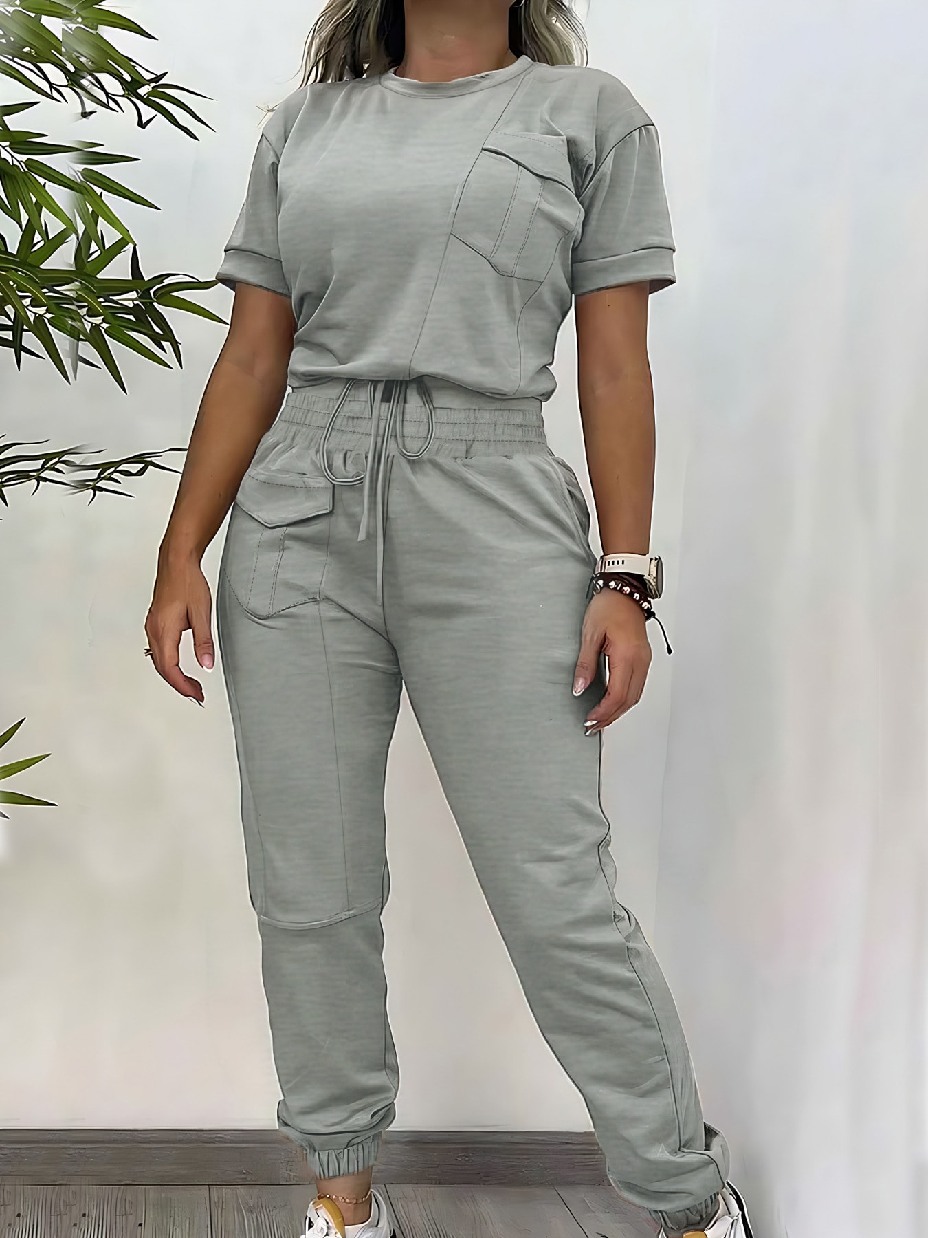Workwear Casual Round Neck Short Sleeve Trousers Two-piece Set view 4