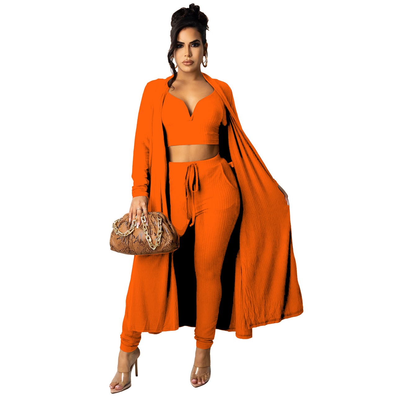 Solid Color Ribbed V-neck Vest Long Women's Pants Sportswear Suit view 3