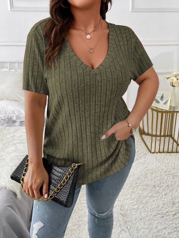 Solid Color Plus Size Women's Clothes Top V-neck Sunken Stripe Short Sleeve T-shirt view 26