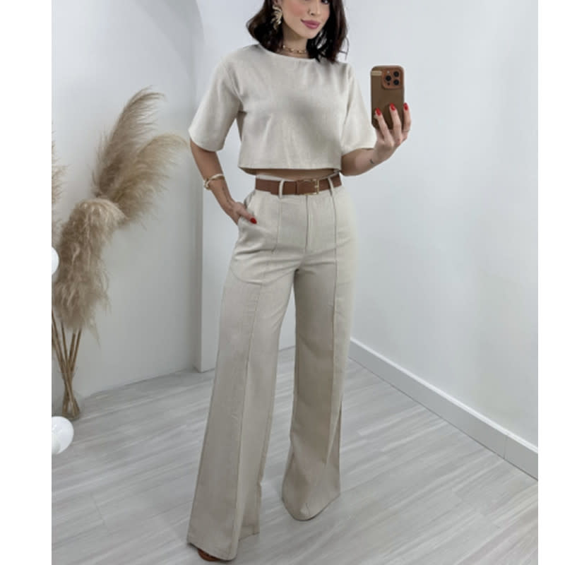 Fashion Cotton And Linen Short Top High Waist Wide Leg Pants Suit view 3