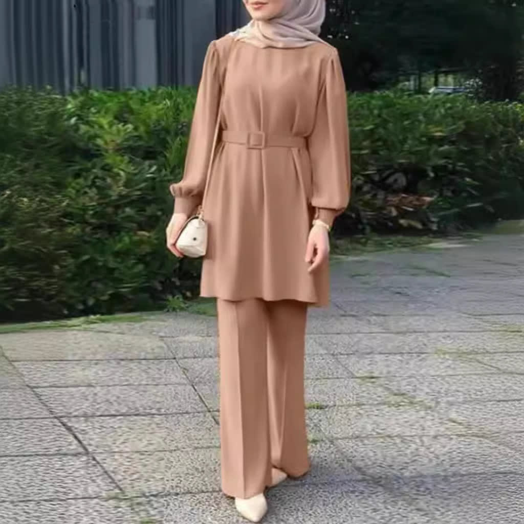 Middle East Muslim Round Neck Long Sleeve Belt Elastic Waist Top And Trousers Suit view 3
