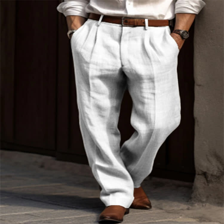 Men's Linen Trousers Double Pleated Front Pocket Straight Pure Color Comfort Breathable Casual view 6