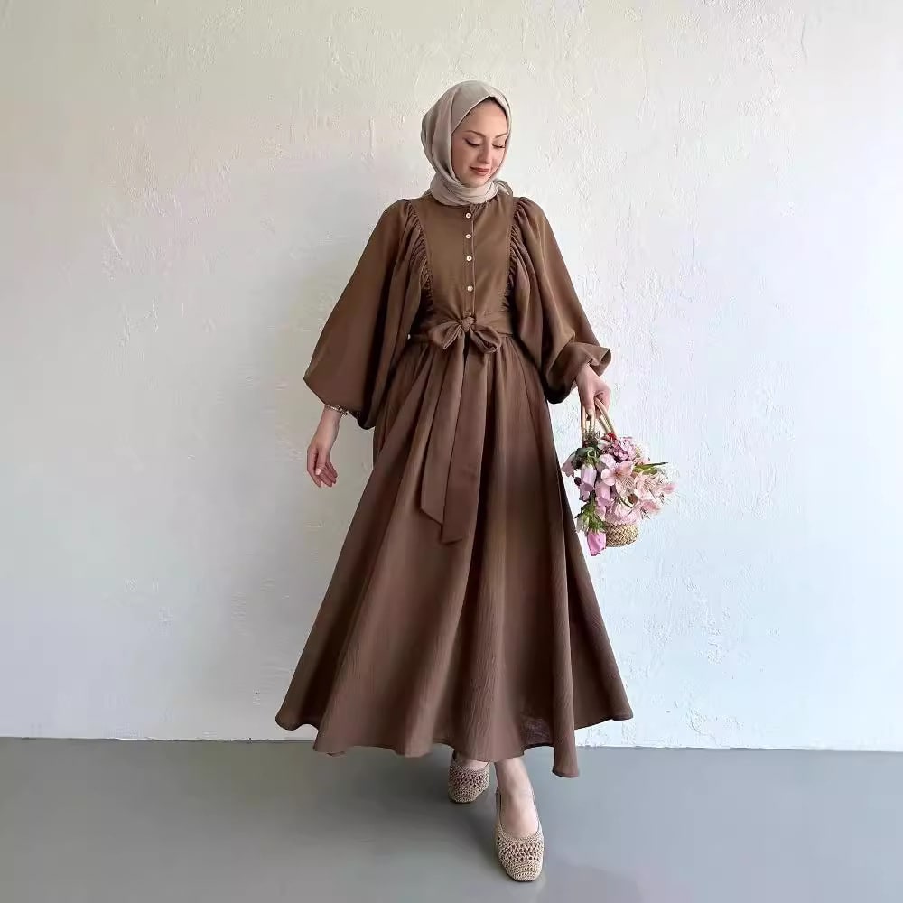 Muslim Fashion Suit Bishop Sleeves Top Swing Mid-length Dress Set view 3
