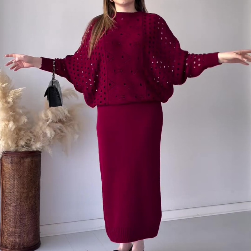 Autumn New Solid Color Hollow Round Neck Top Casual Knitted Skirt Suit view 9