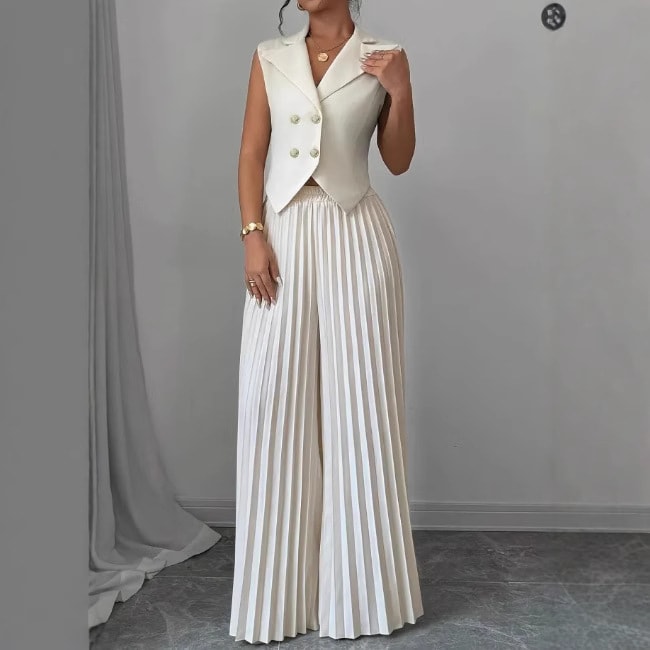 Summer Sleeveless Suit Fashion Lapel Button Vest Top And Pleated Straight Pants Women's Trousers Set Clothing view 6