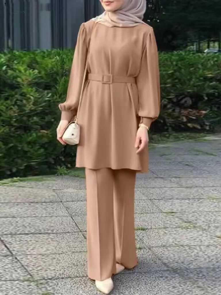 Middle East Muslim Round Neck Long Sleeve Belt Elastic Waist Top And Trousers Suit view 9