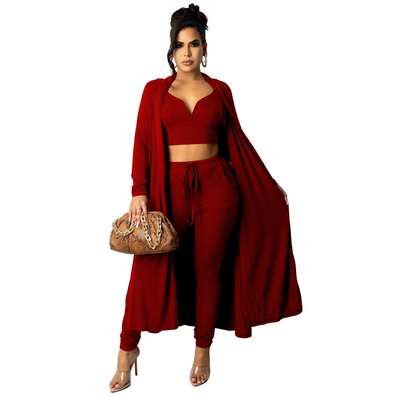 Solid Color Ribbed V-neck Vest Long Women's Pants Sportswear Suit view 7