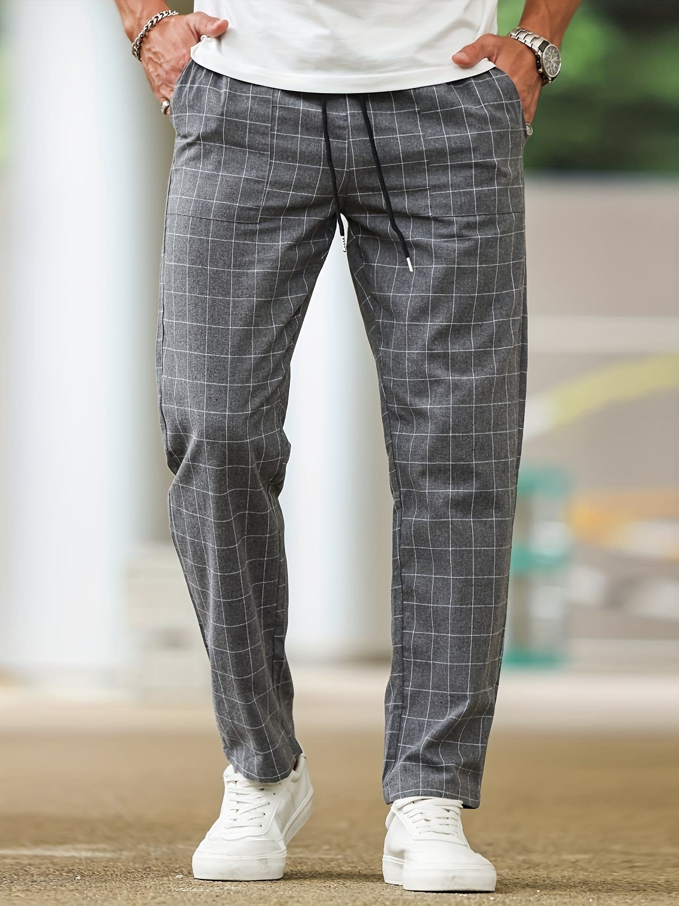Men's Comfortable Soft Polyester Stripe Plaid Pants view 6