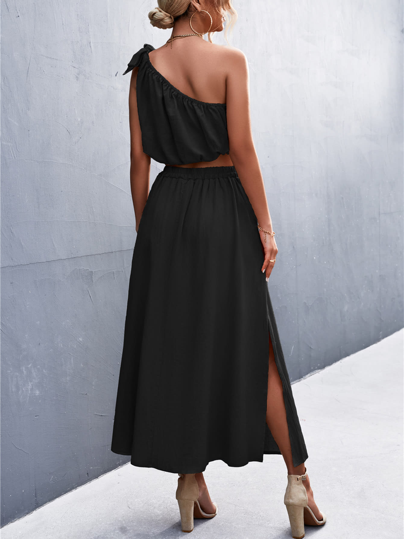 Sexy Oblique Shoulder Lace-up Vest Slit Midi Skirt Suit view 17