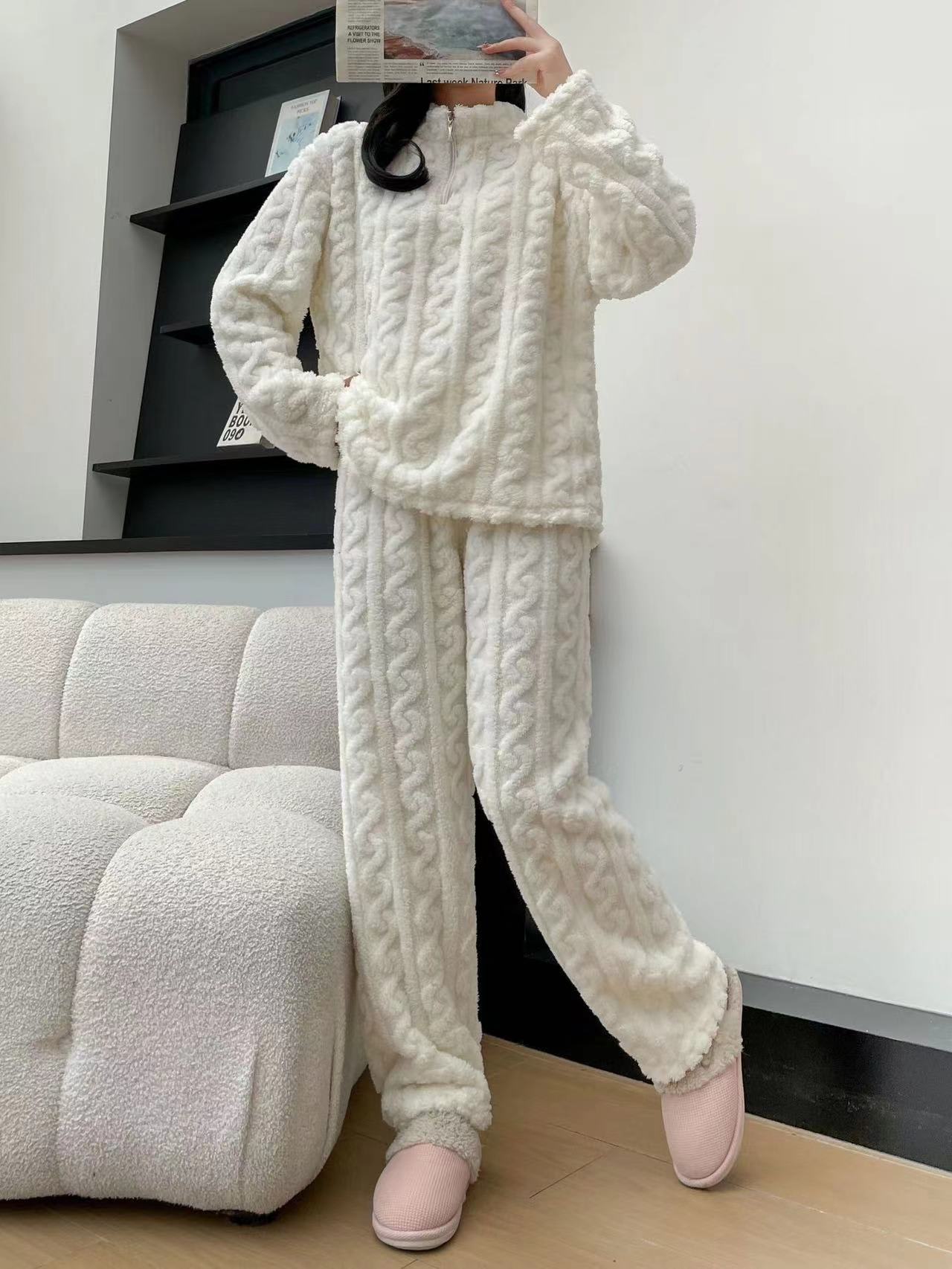 Autumn And Winter New Twist Zipper Couple Fleece-lined Thick Coral Fleece Pajamas Homewear Loungewear Sleepwear For Sleeping view 12
