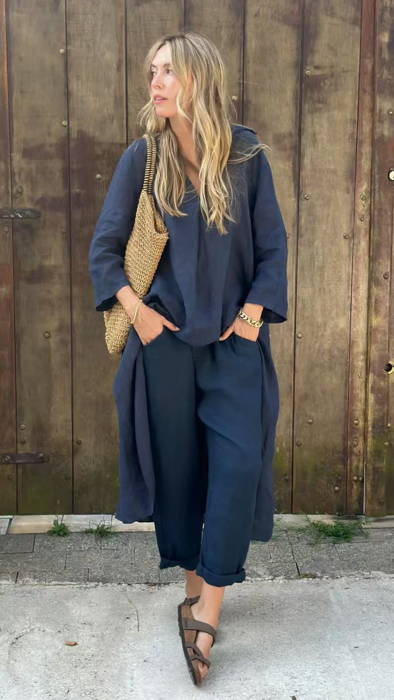 2pcs Long-sleeved Suits Loose V-neck Long Top And High Waist Wide Leg Pants With Pockets Women's Clothing view 7