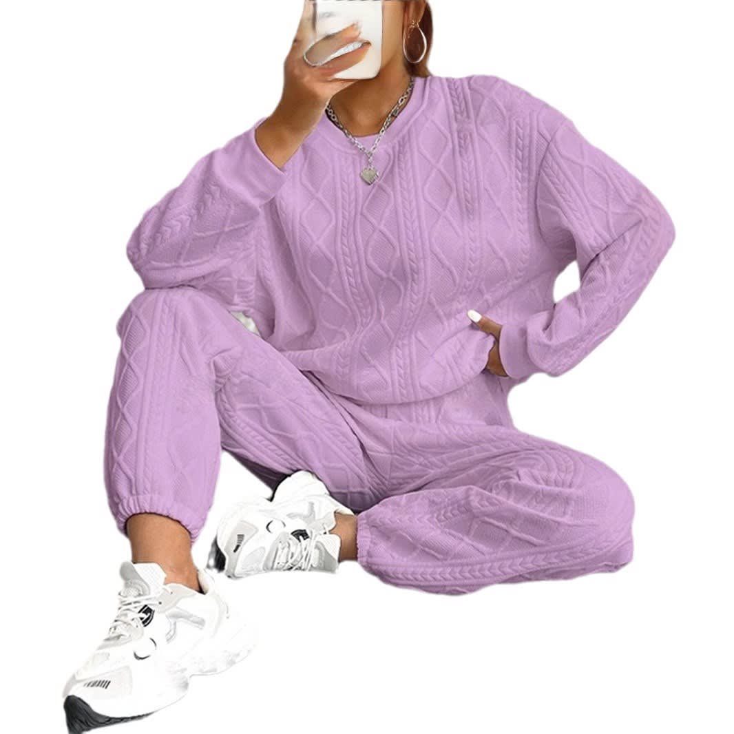 Jacquard Long Sleeve Casual Round Neck Sweater Trousers Suit view 3