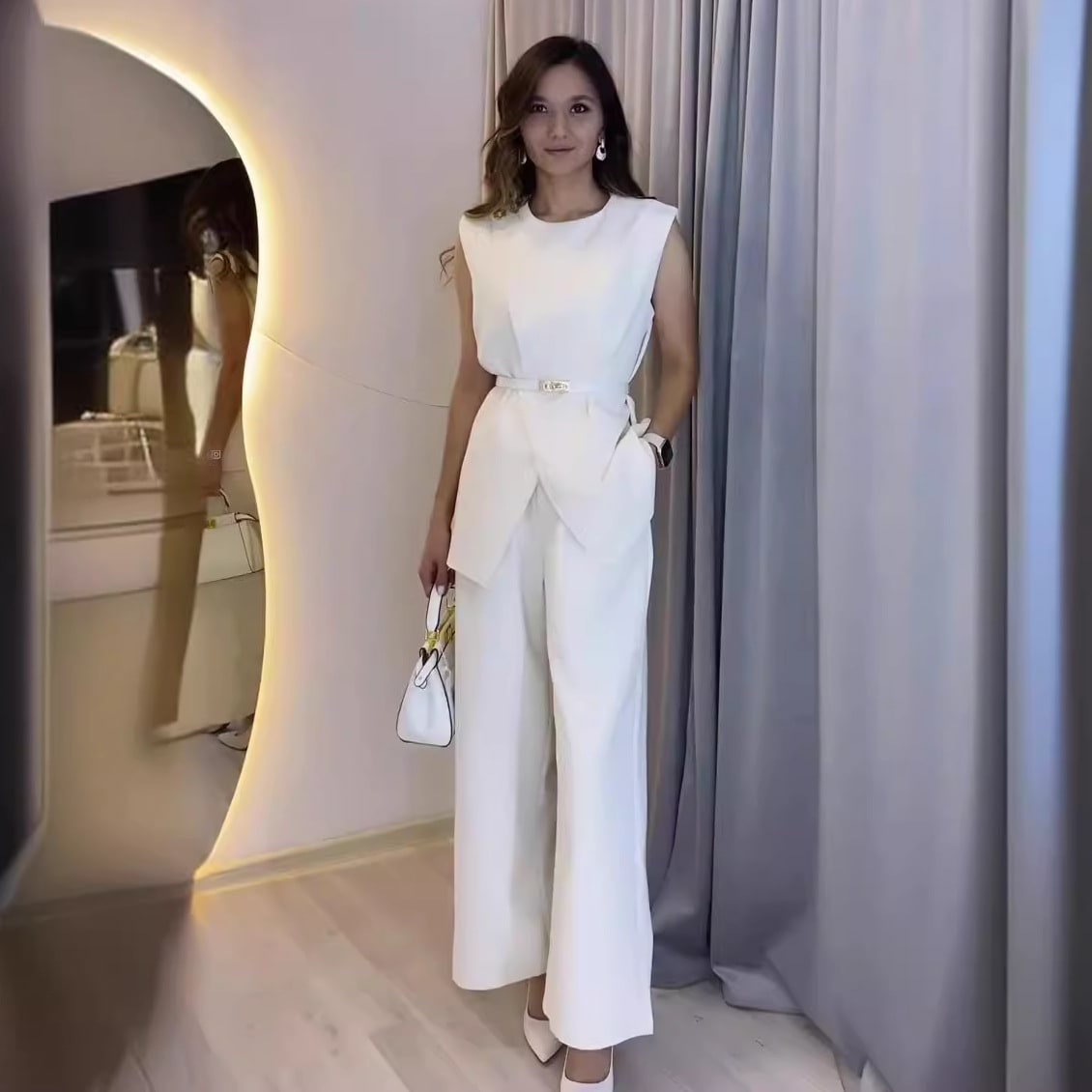 Solid Color Round Neck Sleeveless Top High Waist Wide Leg Pants Two-piece Set