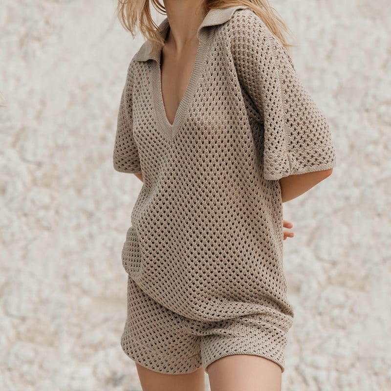 V-neck Casual Women's Hollow Short Sleeve Shorts Suit view 5