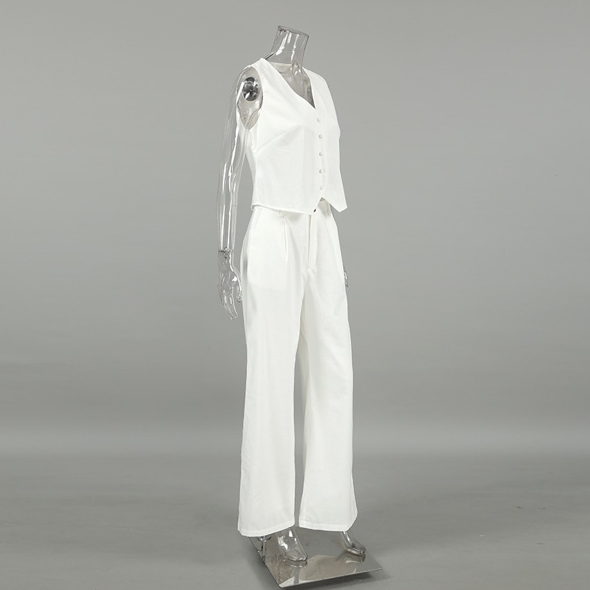 White Cotton Linen Sleeveless V-neck Vest Pants Suit view 18