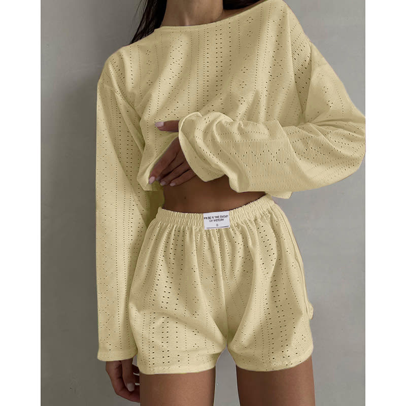 Hollow Long-sleeved Suit With Loose Round-neck Tops And Elastic Split Shorts Fashion Women's Clothing view 10