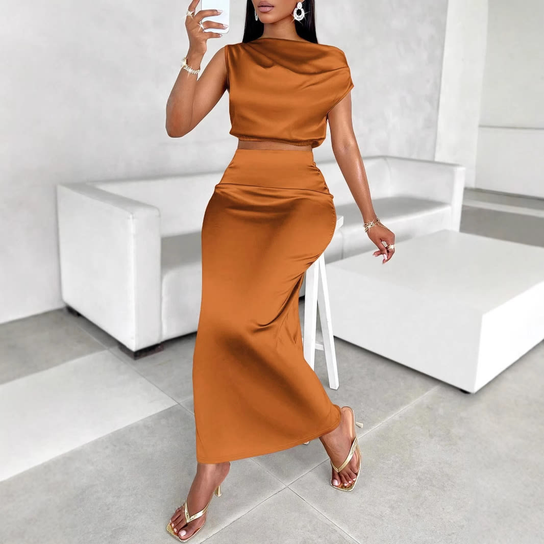Women's Solid Color Satin Dress Midriff Outfit Suit view 2