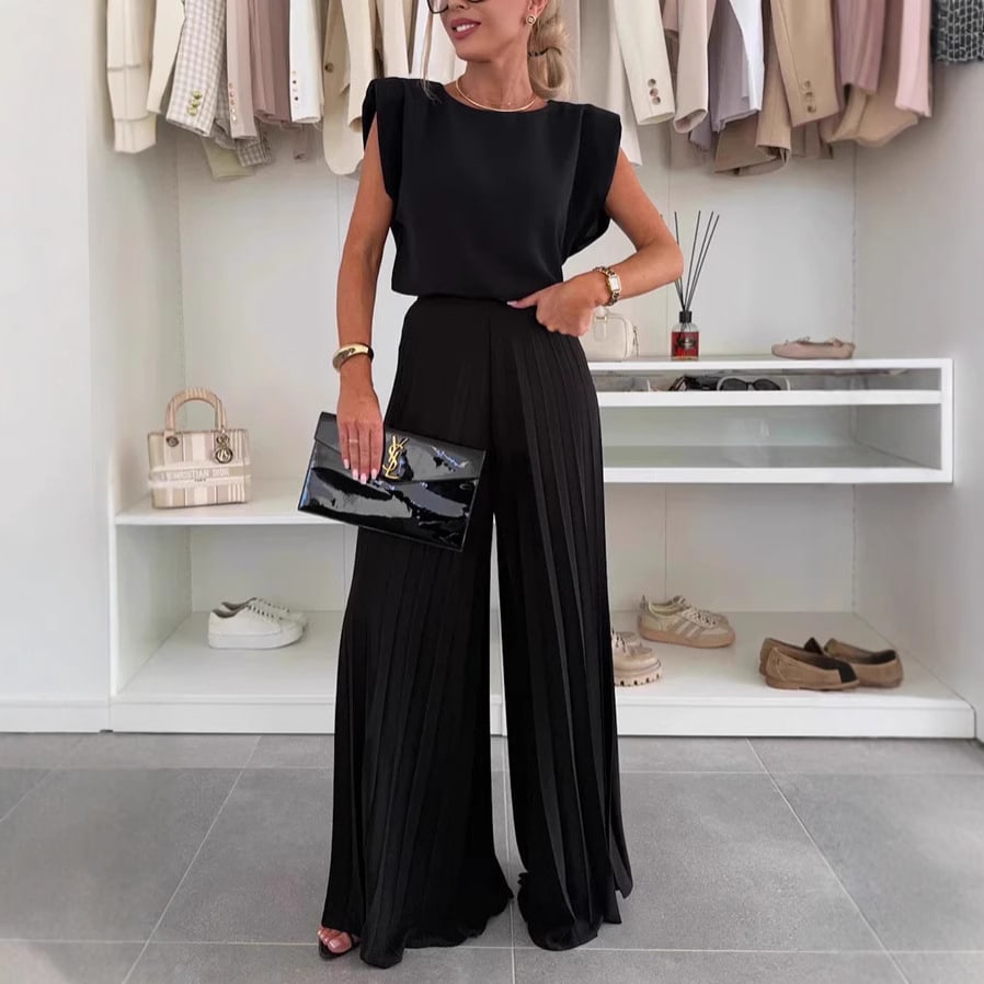 Round Neck Sleeveless Top Pleated Wide-leg Trousers Two-piece Set view 2