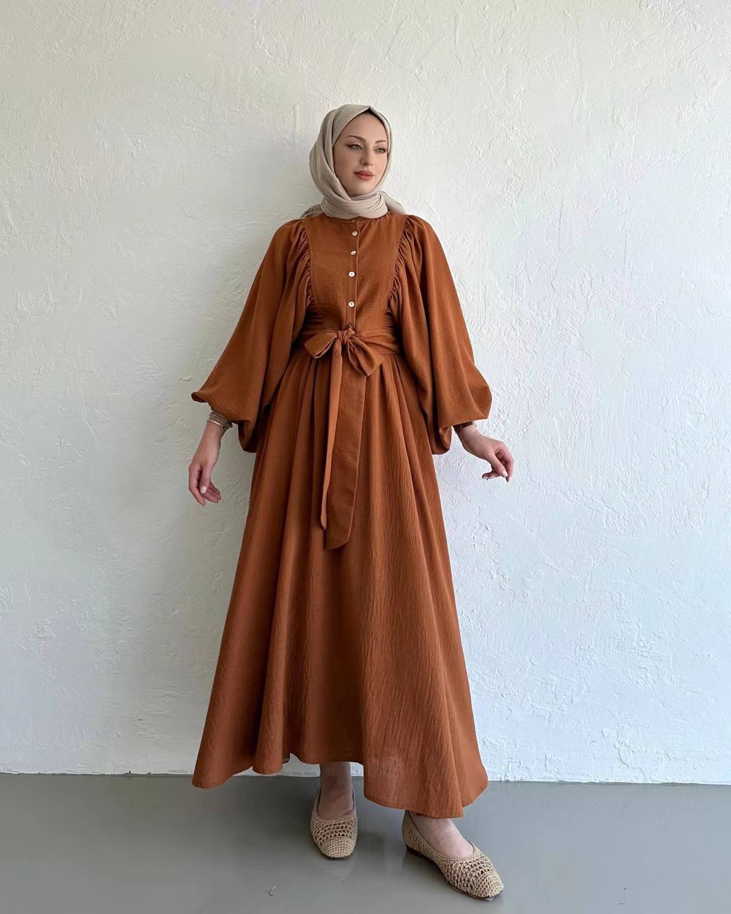 Muslim Fashion Suit Bishop Sleeves Top Swing Mid-length Dress Set view 8