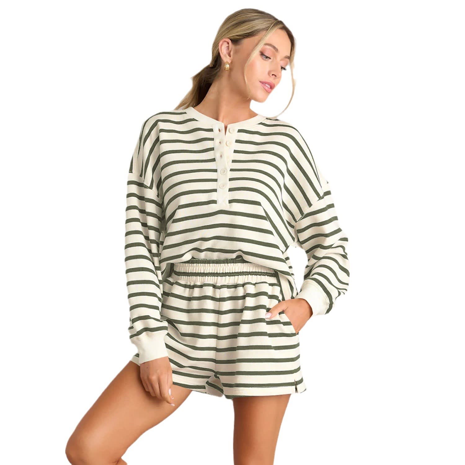 Comfort And Casual Women's Long Sleeve Striped Collar Decorated With Buttons Shorts Suit view 6