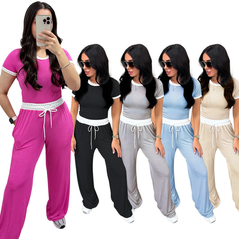 Round Neck Contrast Color Women's Fashion Casual Wide-leg Pants Sports Suit view 25