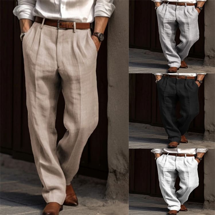 Men's Linen Trousers Double Pleated Front Pocket Straight Pure Color Comfort Breathable Casual view 3