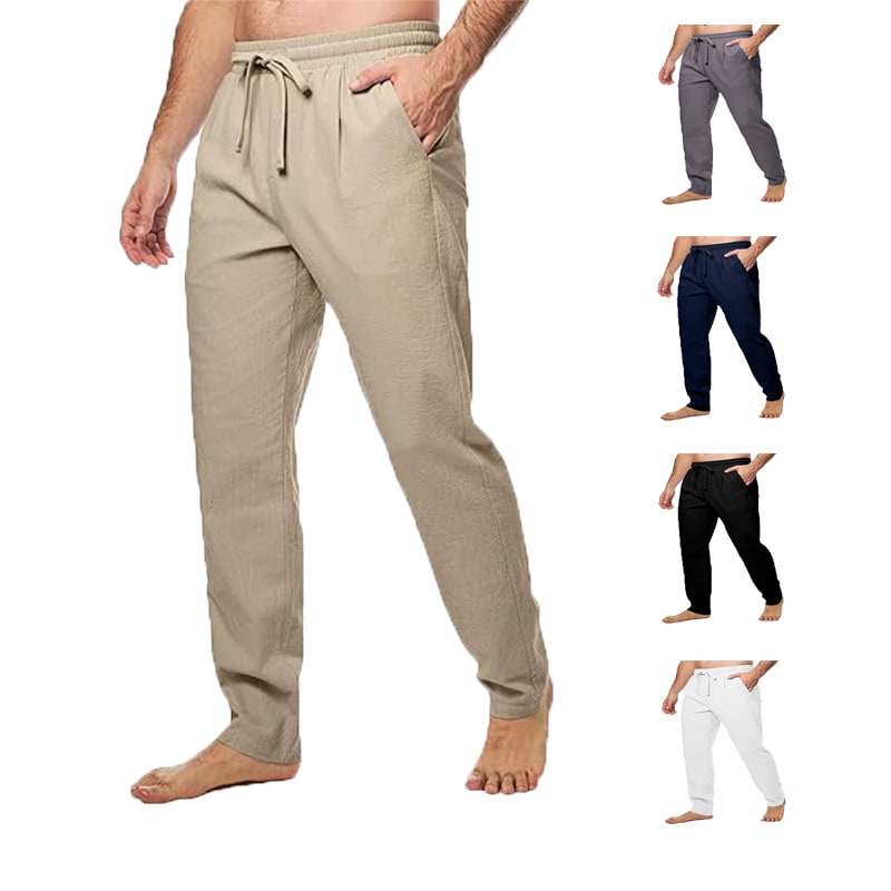 Men's Cotton And Linen Trousers Loose Drawstring Waist Straight Summer Breathable view 2