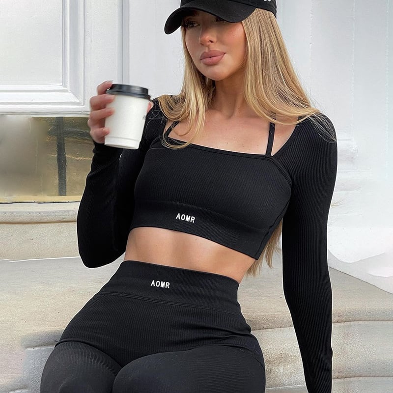 Solid Color Knitted Letter Body-hugging Suit Round Neck Long Sleeve Short Top High Waist Skinny Leggings Two-piece Set view 31